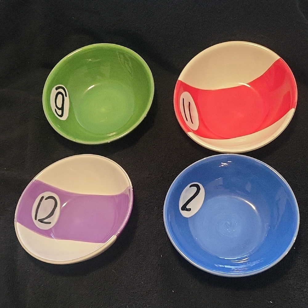 "Rack 'Em Up Playing Pool Billiards" Bowls collection by Clay Art. Set of 4